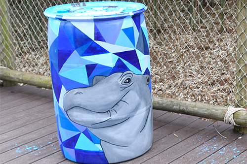 A painted Fiona trash can at the zoo